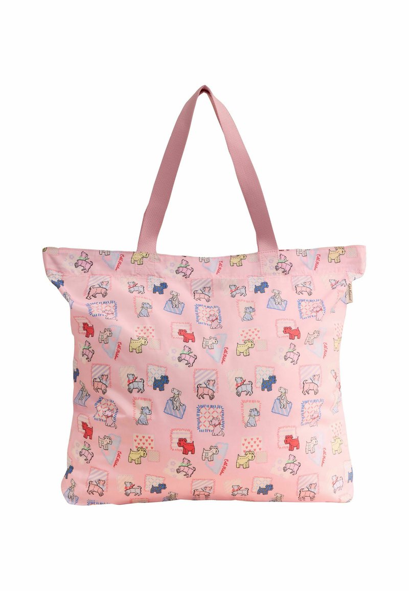 Rožinė pirkinių maišelis su žaismingų šunų iliustracijomis įvairiomis spalvomis. Pagamintas iš minkštos medžiagos, turi dvi rožines rankenas ir sulankstomą dizainą.