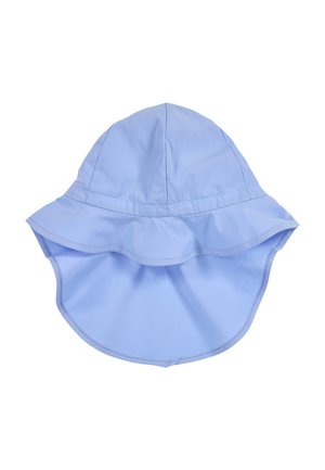 Lichtblauwe zonneklep met brede rand en verlengde nekflap voor volledige zonbescherming.