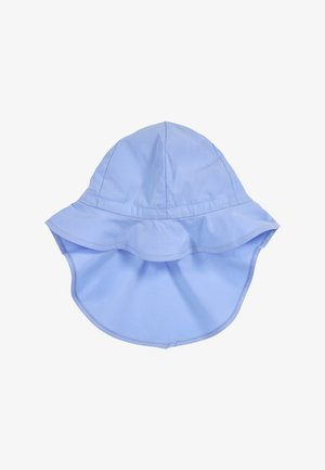 Lyseblå solhat med bred skygge og forlænget nakkelap for fuld solbeskyttelse.