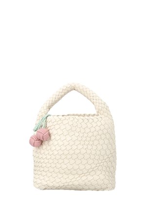 Petit sac à main tissé crème avec poignée épaisse et deux pampilles roses nouées attachées par des cordons verts.