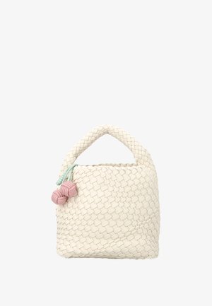 Kleine cremefarbene gewebte Handtasche mit dickem Griff und zwei rosa geknoteten Quasten, befestigt mit grünen Schnüren.