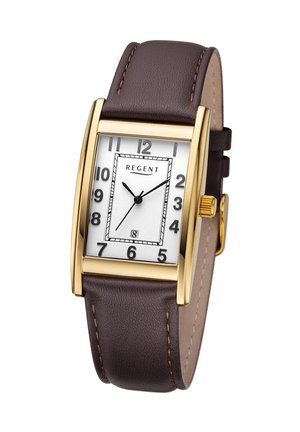 Montre Regent avec un cadran rectangulaire argenté, un boîtier doré, des chiffres noirs et un bracelet en cuir marron. Elle dispose d'un affichage de la date.