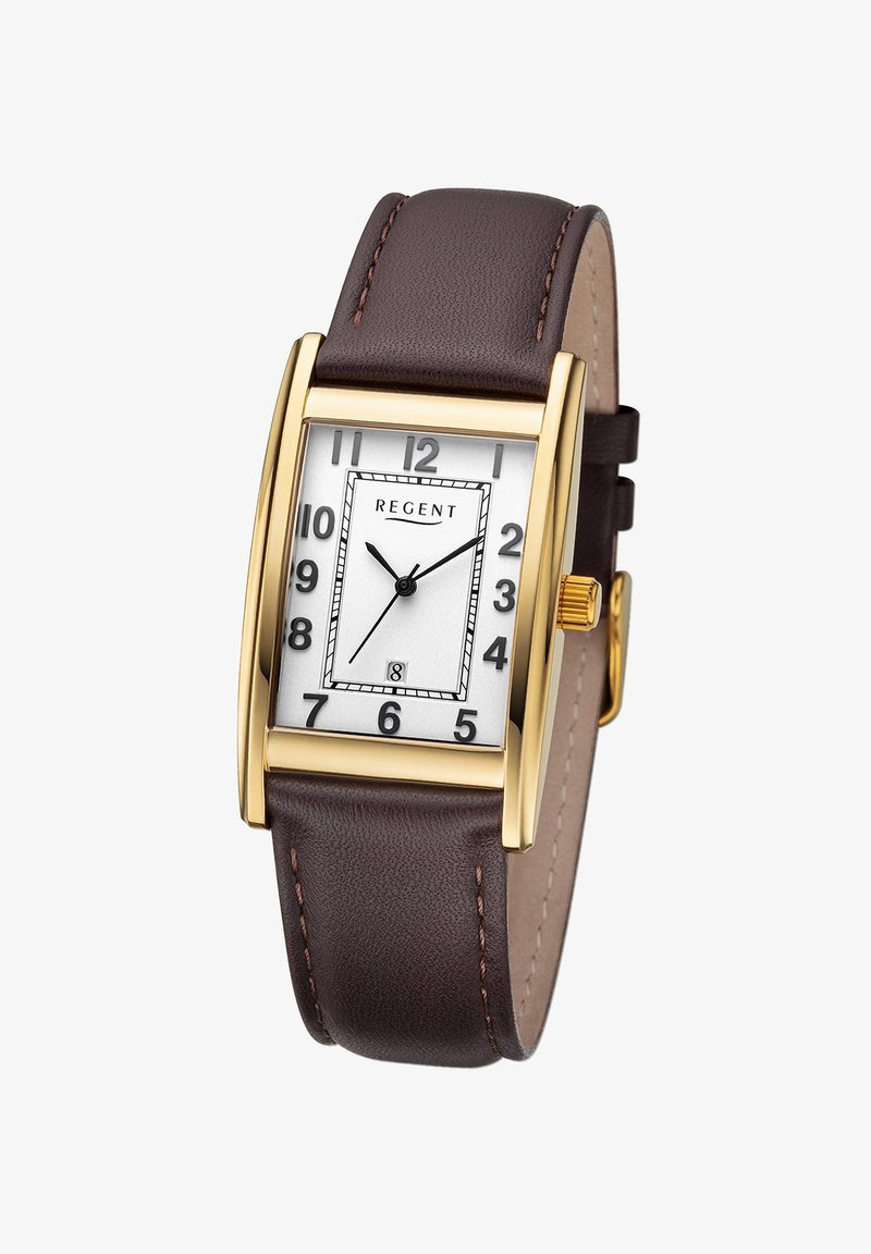 Montre Regent avec un cadran rectangulaire argenté, un boîtier doré, des chiffres noirs et un bracelet en cuir marron. Elle dispose d'un affichage de la date.