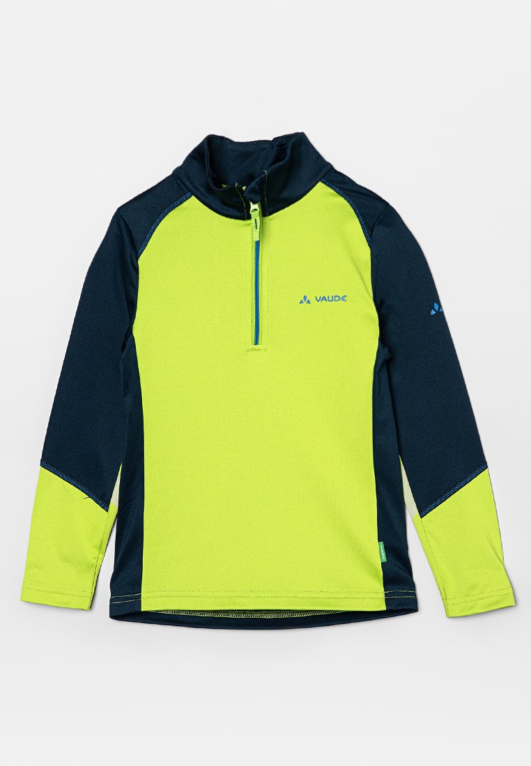 Pullover sportivo a maniche lunghe con mezza zip, di colore giallo brillante davanti, maniche nere e logo Vaude sul petto e sul braccio sinistro.