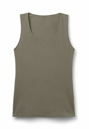 Olive green sleeveless tank top made of lightweight fabric, featuring a round neckline and smooth texture. No patterns or accents.