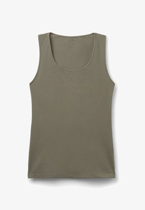 Olivgrünes ärmelloses Tanktop aus leichtem Stoff, mit rundem Ausschnitt und glatter Textur. Ohne Muster oder Akzente.