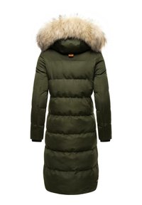 Puffer coat in dark green, with a faux fur hood, quilted texture, long sleeves, and elastic cuffs. Back view shows horizontal stitching.