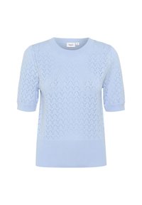 Light blue, short-sleeved knit sweater with a zigzag pattern and ribbed edges, featuring a crew neckline and a textured finish.