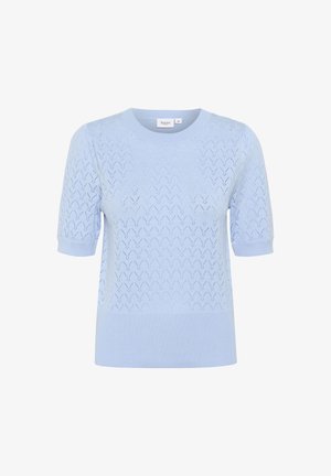 Light blue, short-sleeved knit sweater with a zigzag pattern and ribbed edges, featuring a crew neckline and a textured finish.