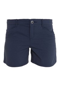 Pantalones cortos azul marino hechos de una tela suave, con cierre de botón en la parte delantera, dos bolsillos laterales y un diseño simple con dobladillos cosidos.