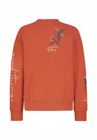 Oranges Sweatshirt mit besticktem Blumenmuster, Textsprüche "Lächel heute" und "gute Dinge" an den Ärmeln. Gerippte Bündchen und Saum. Weiches Material.