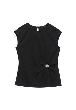 Black short-sleeve top in a smooth fabric, featuring a twisted front detail and a decorative silver button at the waist. Back keyhole opening.