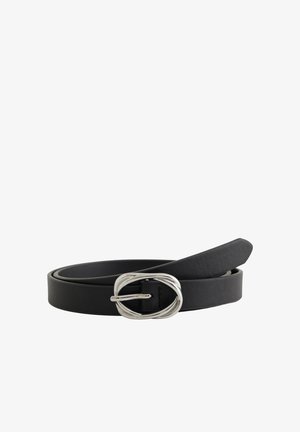 Schwarzer Ledergürtel mit glatter Textur und einer silbernen, ineinander verschlungenen ovalen Schnalle. Der Gürtel ist flach und hat keine sichtbaren Löcher.