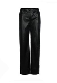 Pantaloni larghi in pelle nera con una texture liscia, dotati di chiusura con bottone e due tasche frontali. Taglio pensato per una vestibilità rilassata.
