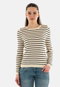 Maglione a righe in maglia a coste color crema con strisce blu, dotato di collo a giro e dettagli con bottoni sulle spalle. Indossato con jeans blu.