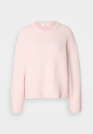Világos rózsaszín kötött pulóver, laza szabású, kerek nyakkivágással, bordázott szegéllyel és mandzsettákkal, puha tapintású, ejtett vállú, látható díszítés vagy minta nélkül.