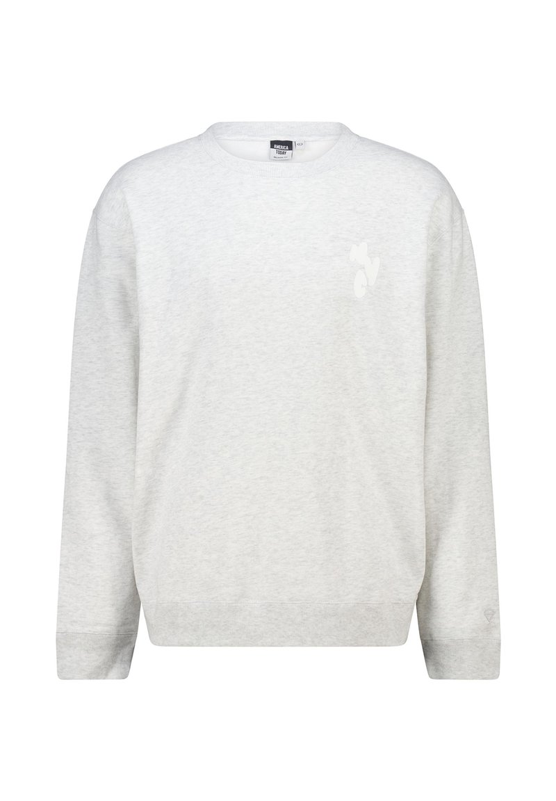 Sweatshirt gris clair en tissu doux, doté de manches longues, d'un col rond et d'un petit logo blanc sur la poitrine.