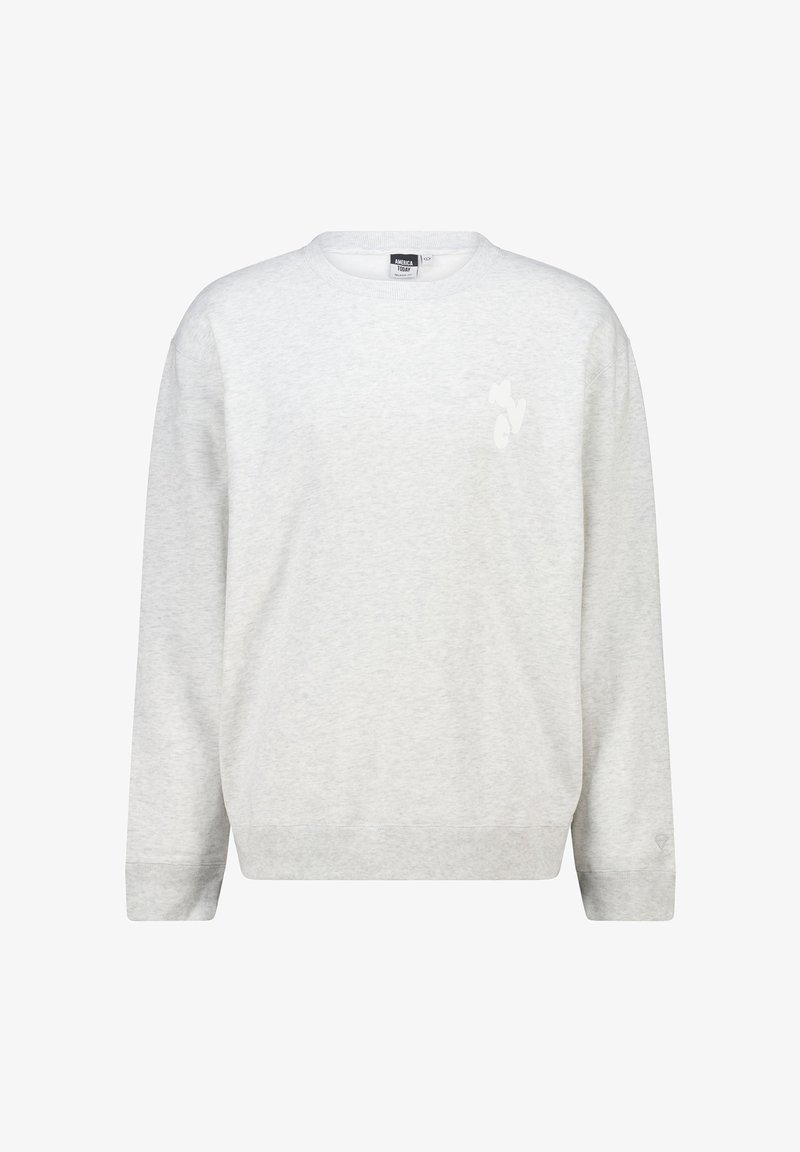 Lichtgrijze sweatshirt gemaakt van zacht fabric, met lange mouwen, een ronde hals en een klein wit logo op de borst.