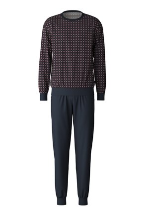 Tuta da ginnastica blu navy con felpa a motivi decorativi caratterizzata da piccoli disegni floreali rossi e bianchi, e pantaloni jogger abbinati con caviglie elastiche.