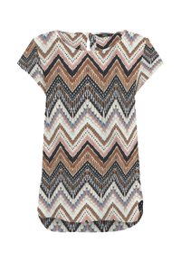 T-shirt à manches courtes marron, noir et blanc avec un motif en zigzag et des accents de rose et de bleu ; ourlet arrondi et détail de décolleté en forme de trou.