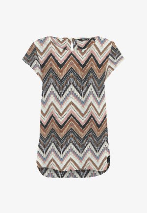 Top scurt cu mânecă, în nuanțe de maro, negru și alb, având un model zigzag cu accente de roz și albastru; tiv rotund și detaliu de tăietură în formă de cheie la spate.