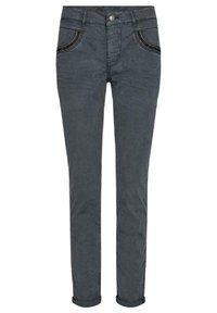 Grå denimjeans med smal passform, med framfickor med dekorativ sömnad och uppvikta fållar. Mjuk textur och hållbart material.