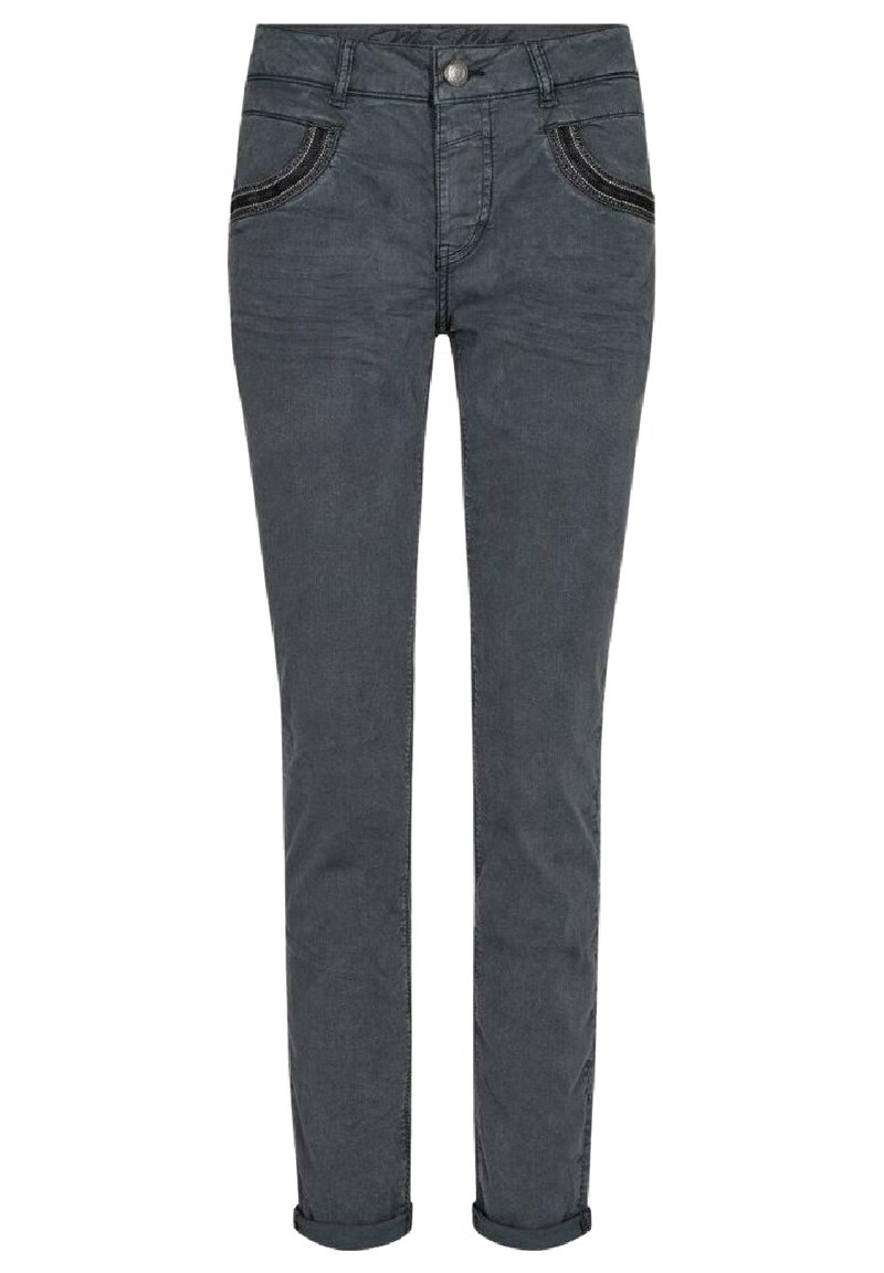 Grå denimjeans med smal passform, med framfickor med dekorativ sömnad och uppvikta fållar. Mjuk textur och hållbart material.