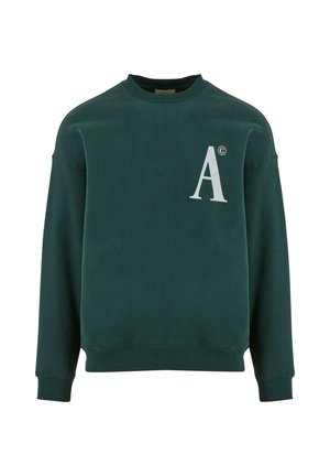 Roheline puuvillane dressipluus ümarate kaelustega, langenud õlgadega ja suure valge tähe "A" logoga vasakul rinnal. Pehme tekstuur, vaba lõige.