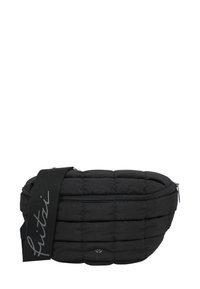 Bolso de hombro negro acolchado con cierre de cremallera, con una textura estampada y una correa impresa. Pequeño acento de logo en la parte delantera.