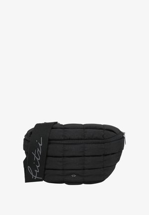 Bolso de hombro negro acolchado con cierre de cremallera, con una textura estampada y una correa impresa. Pequeño acento de logo en la parte delantera.