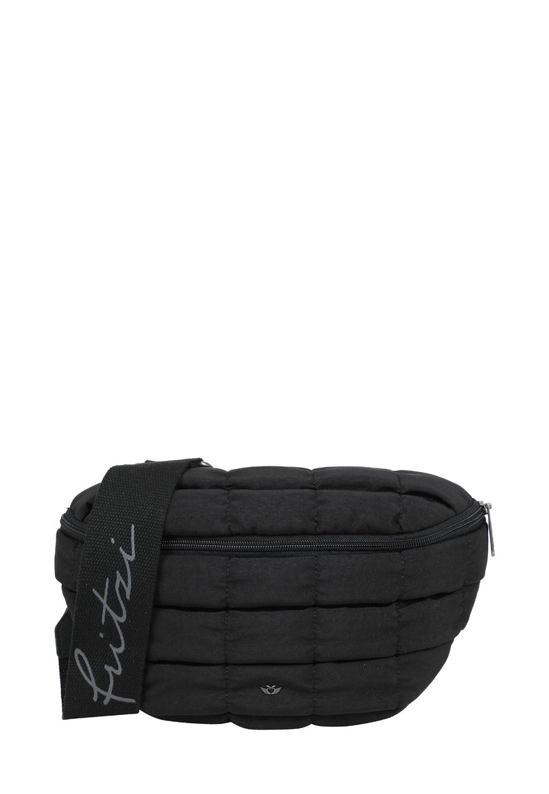 Bolso de hombro negro acolchado con cierre de cremallera, con una textura estampada y una correa impresa. Pequeño acento de logo en la parte delantera.