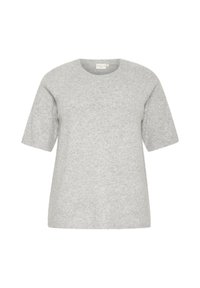 Šedý pletený svetr s krátkým rukávem, kulatým výstřihem, jemnou texturou a volným střihem. Minimalistický design bez vzorů nebo akcentů.