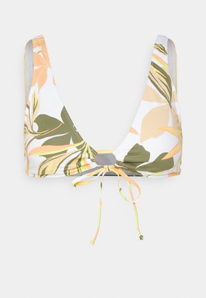 Kwiatowy stanik bikini w kolorach białym, zielonym i pastelowych. Posiada trójkątny kształt, regulowane wiązanie u dołu oraz okrągły akcent.