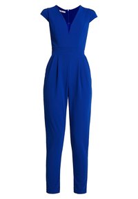 Combinaison bleue à manches courtes, décolleté en V et taille cintrée. Présente un devant plissé et des jambes droites. Fabriquée en tissu lisse.