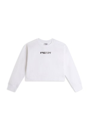 Felpa bianca a maniche lunghe, cropped, con scollo rotondo e logo "FRED DY" stampato in nero sul davanti. Materiale in misto cotone.