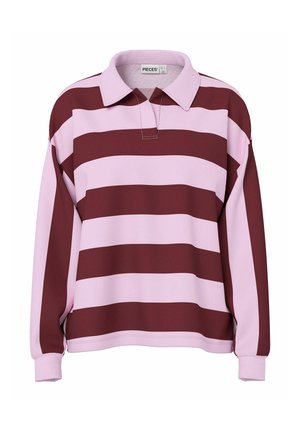 Polo à manches longues rayé bordeaux et rose clair avec col, présentant une coupe décontractée et des poignets et ourlet côtelés.