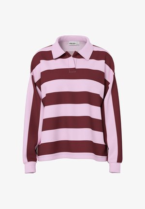 Polo à manches longues rayé bordeaux et rose clair avec col, présentant une coupe décontractée et des poignets et ourlet côtelés.