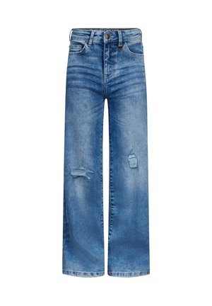 Jeans de pernera ancha en azul claro con una cintura alta, que presentan parches desgastados y un lavado descolorido. Fabricados en denim con detalles de costura estándar.