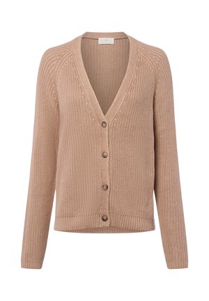 Beige gebreide cardigan met een diepe V-hals, knopen aan de voorkant, ribgebreide manchetten en een gestructureerde stof, met een ontspannen pasvorm en eenvoudig ontwerp.