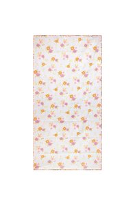 Coperta floreale con sfondo bianco decorato da fiori rosa, viola e arancioni, rifinita con un bordo rosa. Texture morbida.