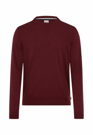 Maglione a maglia bordeaux con colletto rotondo, maniche lunghe, polsini e orlo a costine. Tessuto morbido, vestibilità standard e una piccola etichetta del marchio sul lato.