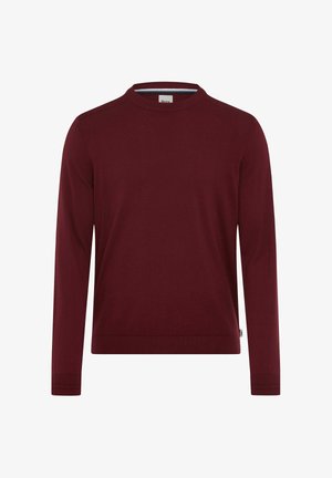 Burgunderfarbener Strickpullover mit rundem Hals, langen Ärmeln, gerippten Bündchen und Saum. Sanfte Textur, normale Passform und ein kleines Markenetikett an der Seite.