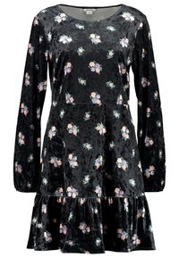Svart sammetklänning med långa ärmar och en tärnad kjol. Har ett blommönster i rosa och lila, med rund halsringning.