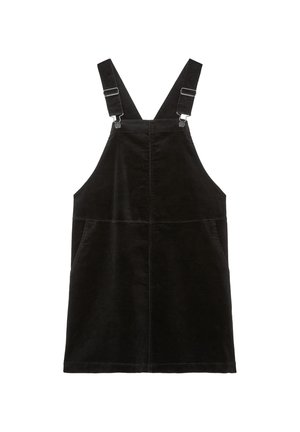 Černé kordové šaty na šle s nastavitelnými popruhy, dvěma předními kapsami, rovný střih a strukturovaný povrch tkaniny.