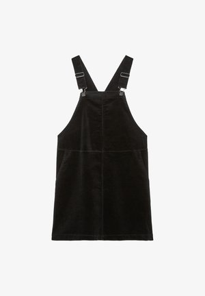 Mustat corduroy-haalaria oleva mekko, jossa on säädettävät hihnat, kaksi etutaskua, suora leikkaus ja teksturoitu kankaan pinta.