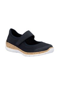 Zapato Mary Jane azul marino con un acento de corcho en la suela, puntera redondeada y correa ajustable de Velcro para un ajuste seguro. Parte superior de tela texturizada.