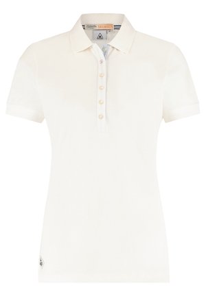 Witte polo met korte mouwen met vijf knopen en een kraag, voorzien van een klein merklabel vlak bij de zoom en een gestreept detail aan de binnenkant van de kraag.