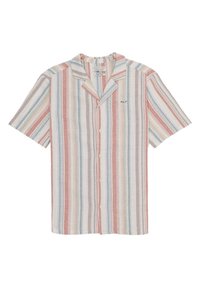 Camicia a maniche corte con bottoni e righe verticali in tonalità di rosso opaco, blu, beige e grigio, e un piccolo logo ricamato sul petto.