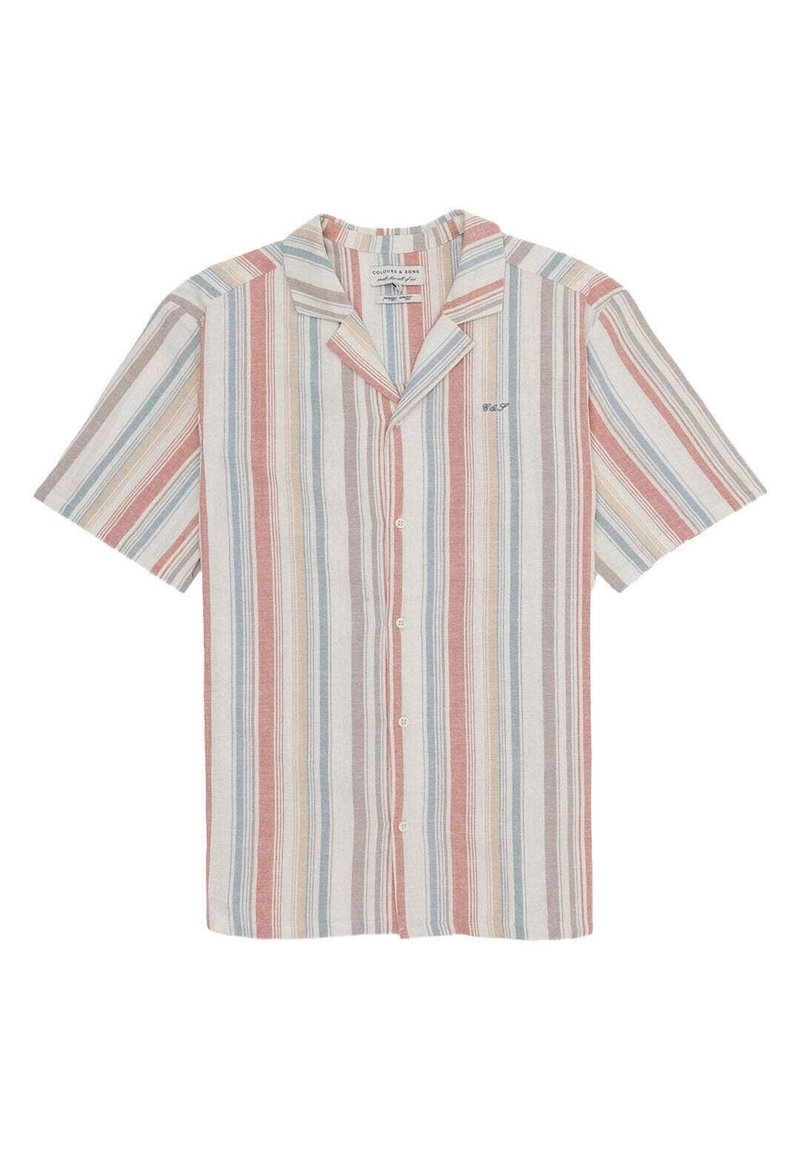 Camicia a maniche corte con bottoni e righe verticali in tonalità di rosso opaco, blu, beige e grigio, e un piccolo logo ricamato sul petto.