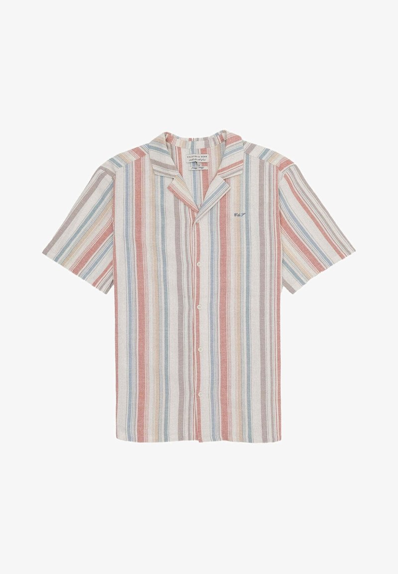 Camicia a maniche corte con bottoni e righe verticali in tonalità di rosso opaco, blu, beige e grigio, e un piccolo logo ricamato sul petto.